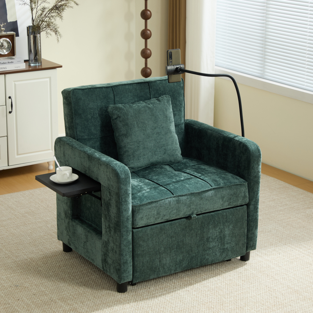 Poltrona cama em chenille verde com arrumação e encosto reclinável