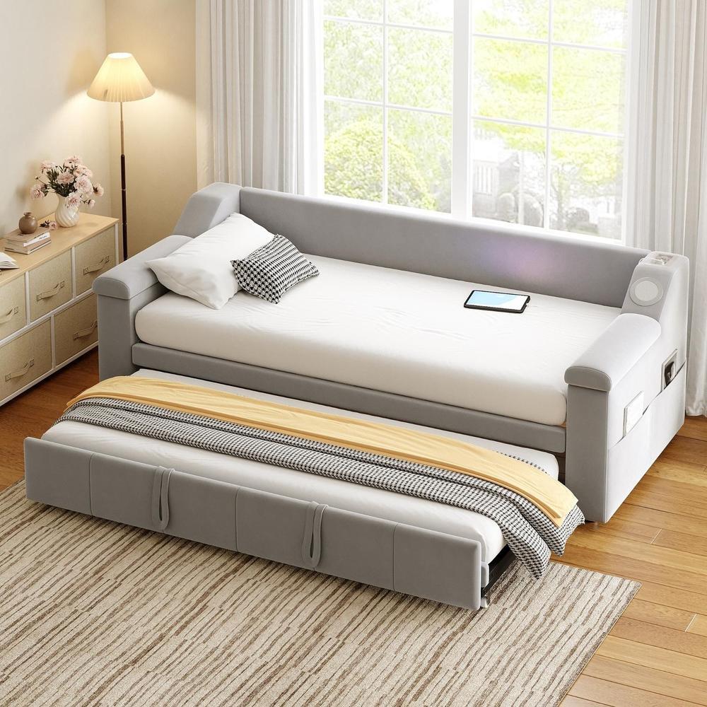 Sofá cama 90/180x190 cm com bluetooth usb arrumação cinza claro
