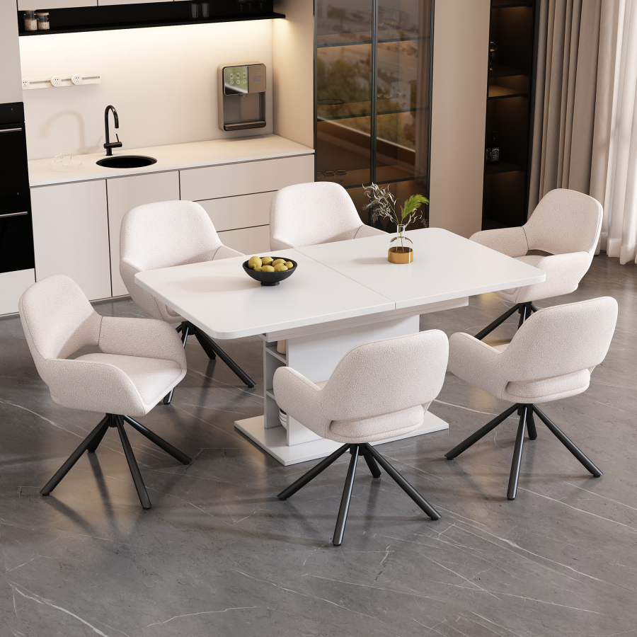 Conjunto mesa de jantar extensível 6 cadeiras sherpa branco e arrumação
