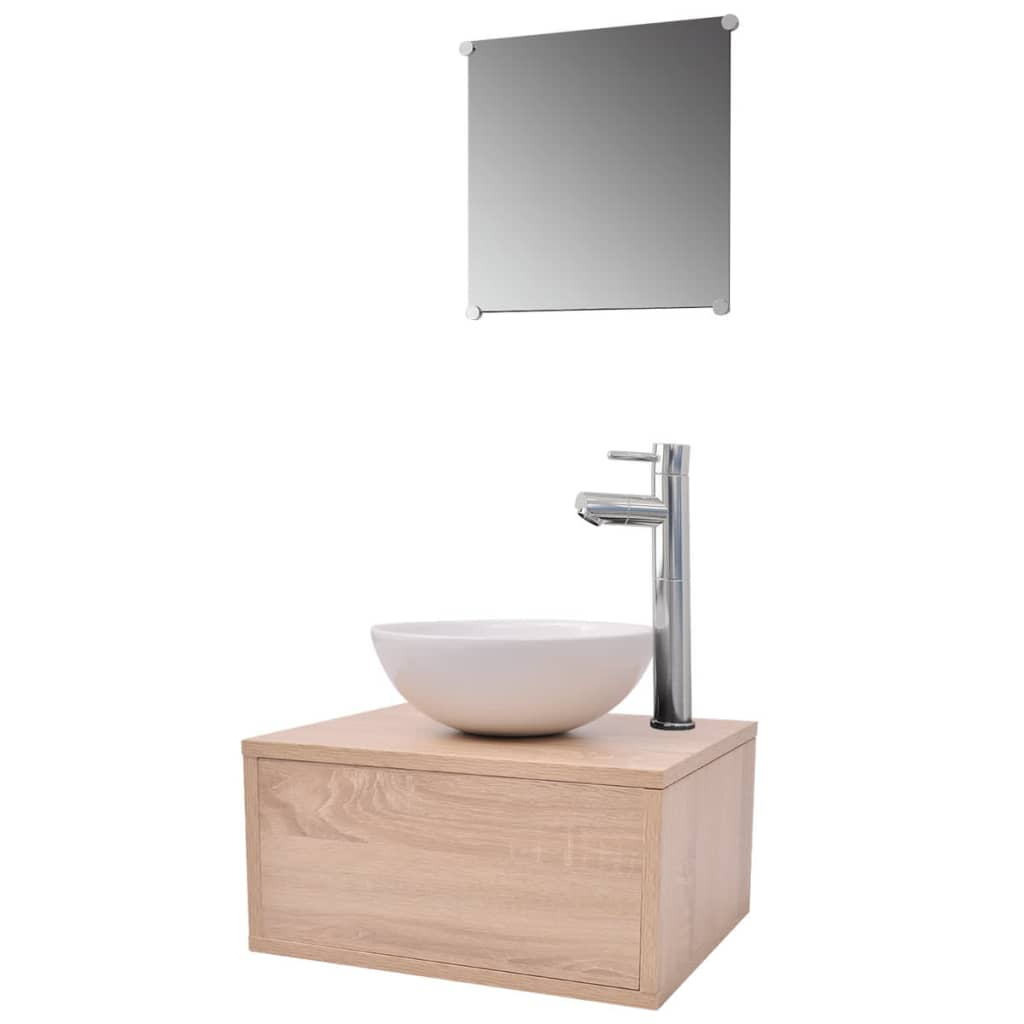 Conjunto móveis casa de banho 4 pcs com bacia e torneira, bege