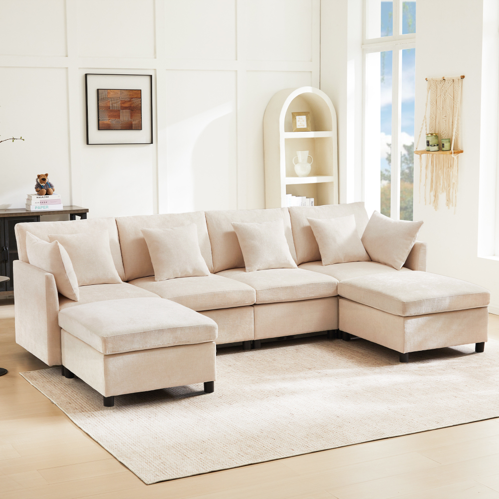 Sofá modular em l ou u chenille bege 4-6 lugares com 2 pufes e 6 almofadas