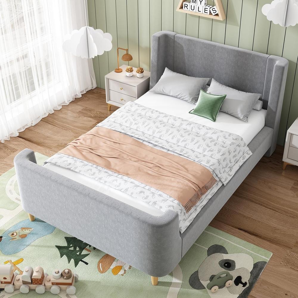 Cama infantil 90x200cm, veludo cinza, cabeceira acolchoada