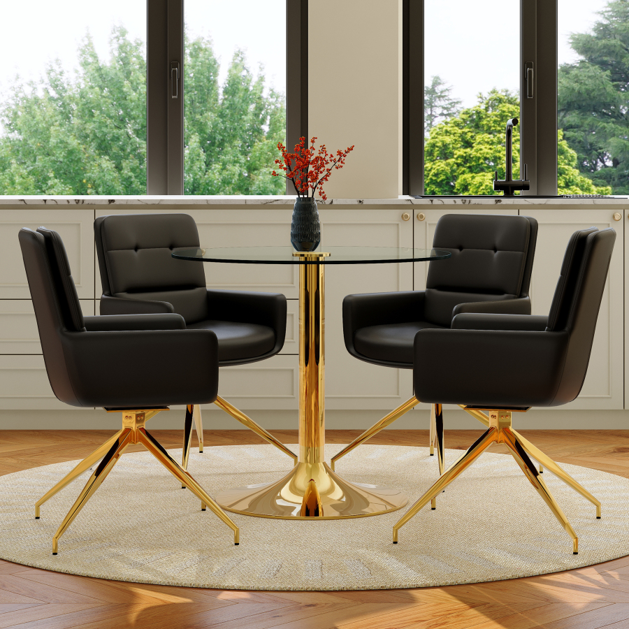 Conjunto mesa e 4 cadeiras giratórias em vidro temperado preto e dourado
