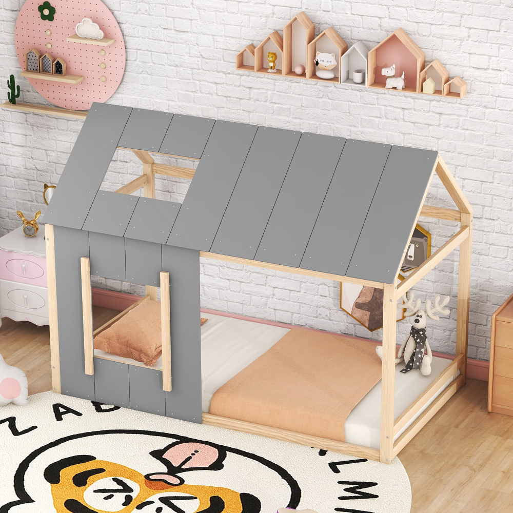 Cama casinha 90 x 200 cm com telhado e janela madeira – natural