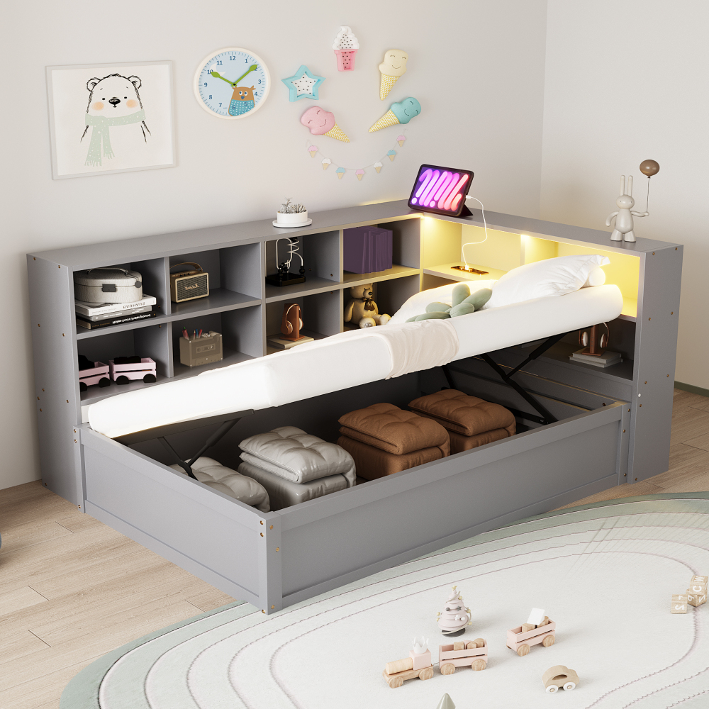 Cama individual 90x200cm com arrumação e luz de LED madeira – cinzento