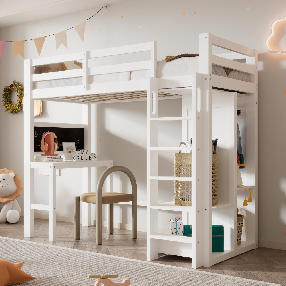 Cama alta 90x200cm com secretária e arrumação madeira branco