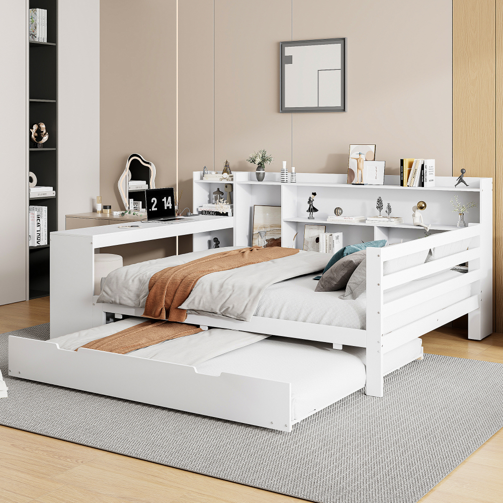 Cama de madeira 140x200cm com cama extra, secretária e arrumação branca