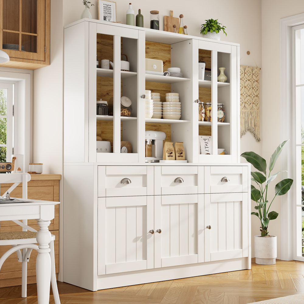 Armário alto com vitrina em mdf e acrílico branco com gavetas