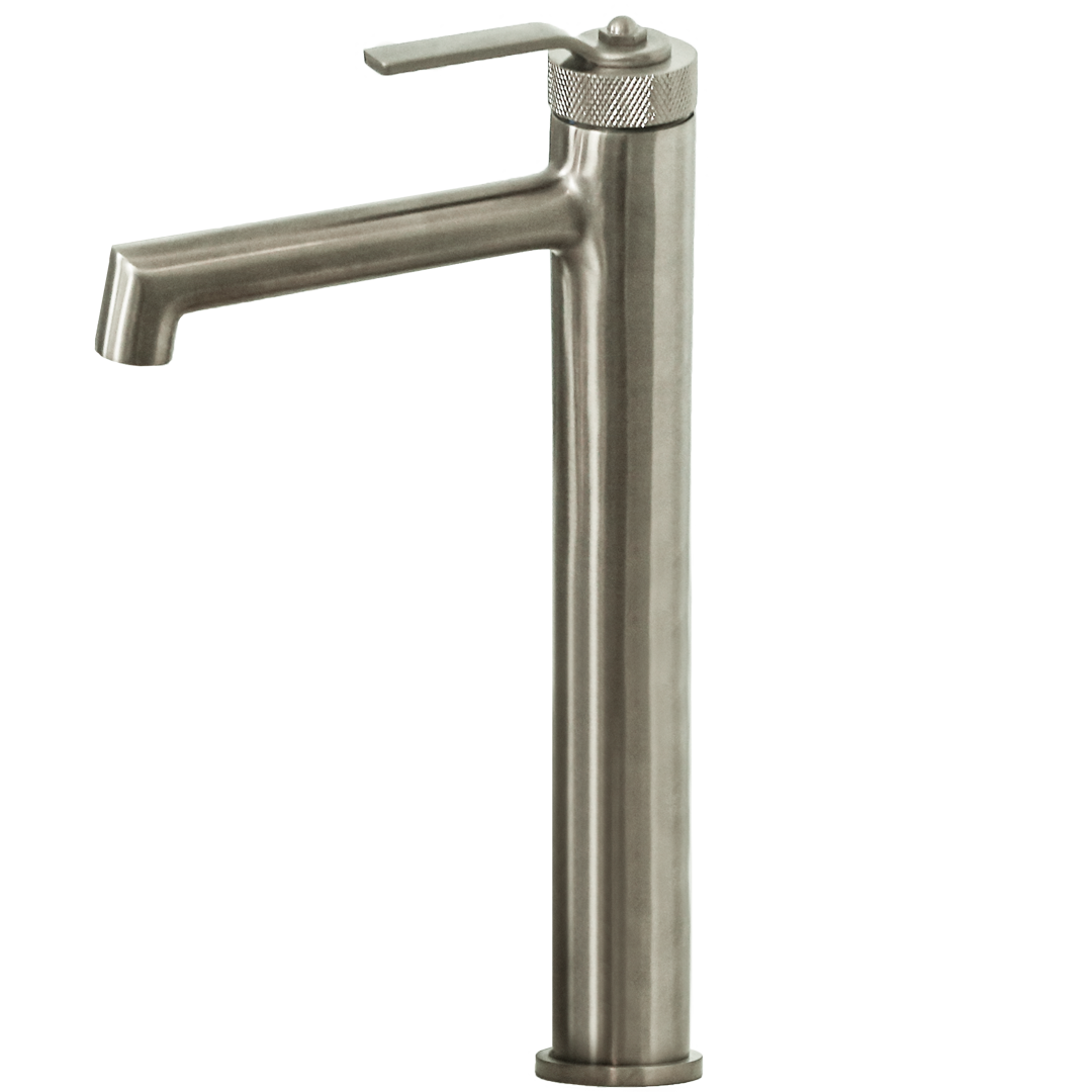 Molette mezclador alto de lavabo en acabado de acero inoxidable cepillado