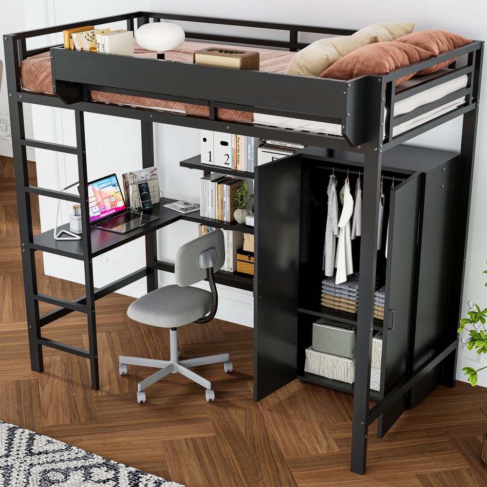 Beliche 90x200cm com mesa e roupeiro metal e madeira preto