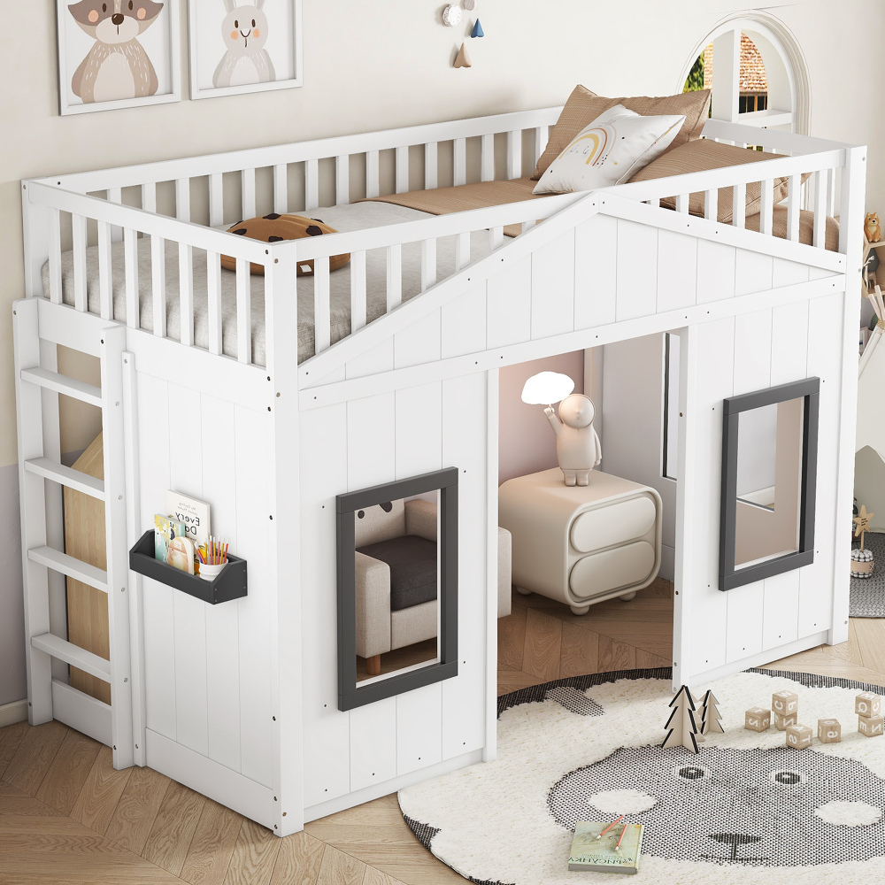 Beliche casinha 90x200cm com escada e arrumação madeira e mdf – branco