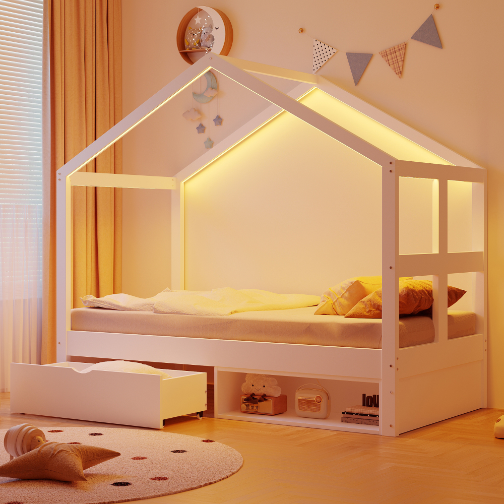 Cama individual 90x190cm com gaveta e sapateira em madeira – branco