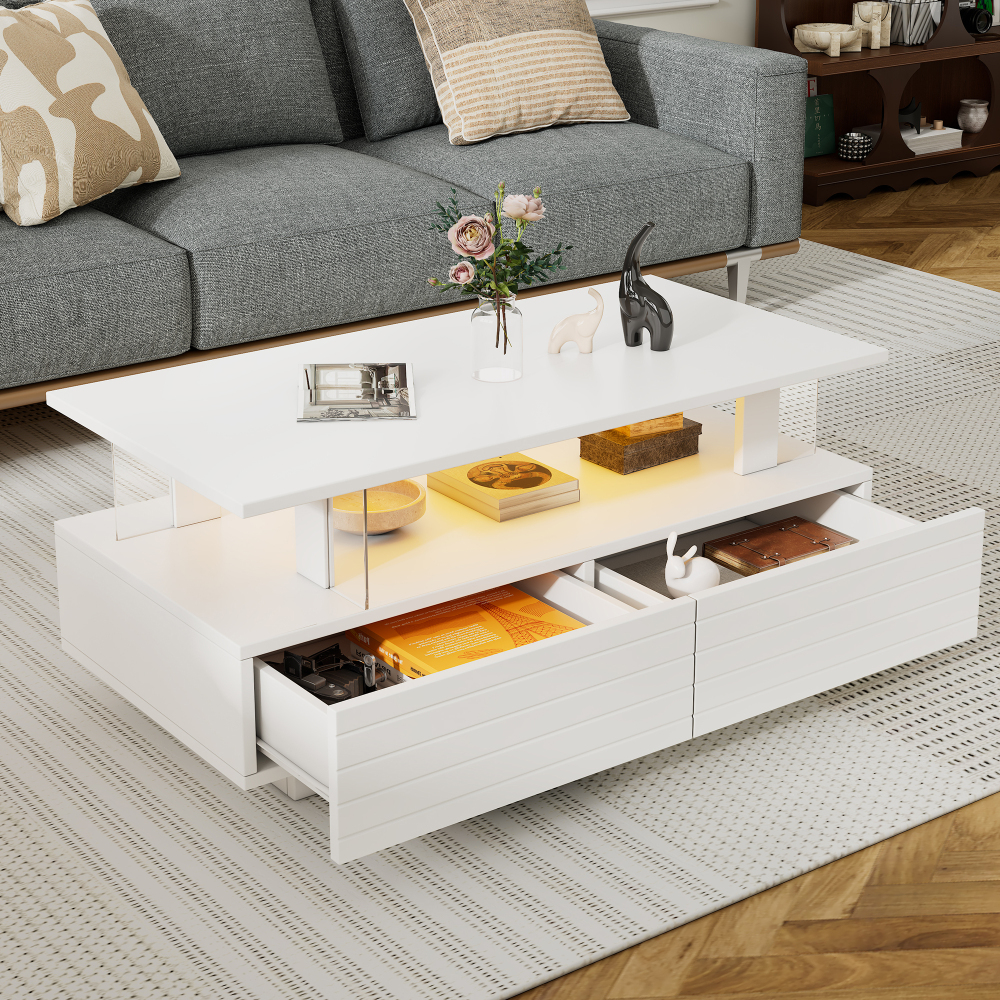 Mesa de centro LED com 2 gavetas branco 42x100x50cm