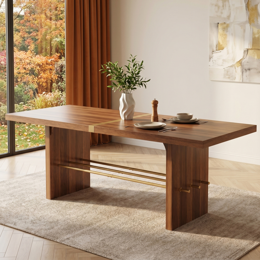 Mesa de comedor para 6 a 8 personas mdf nogal y dorado 180x75cm