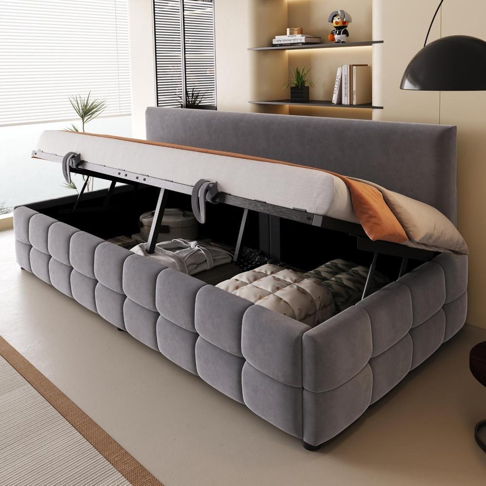 Sofá cama 90x200cm com baú hidráulico, sem braços, veludo cinza