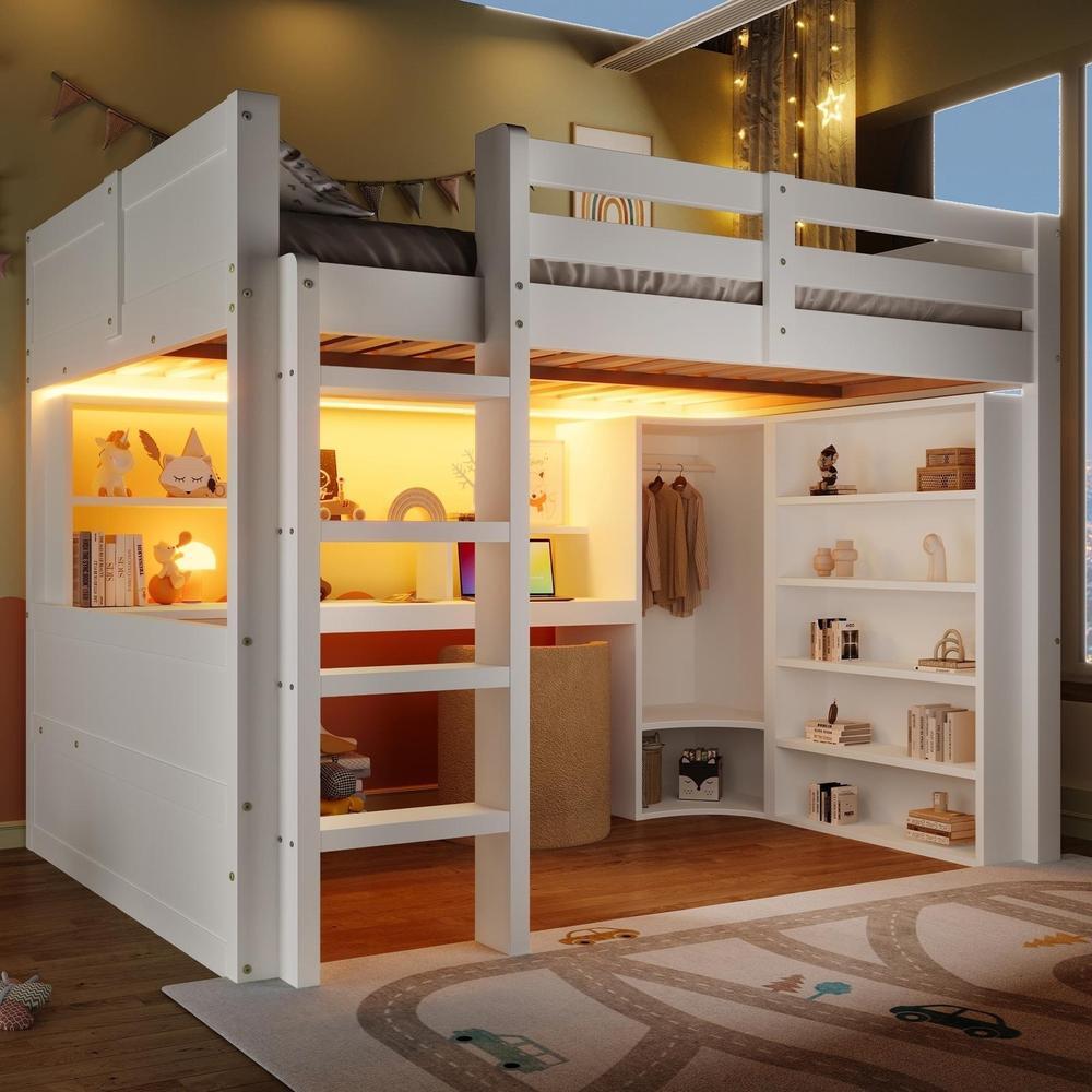 Cama loft 140x200cm com LED, armário, secretária e gavetas, branca