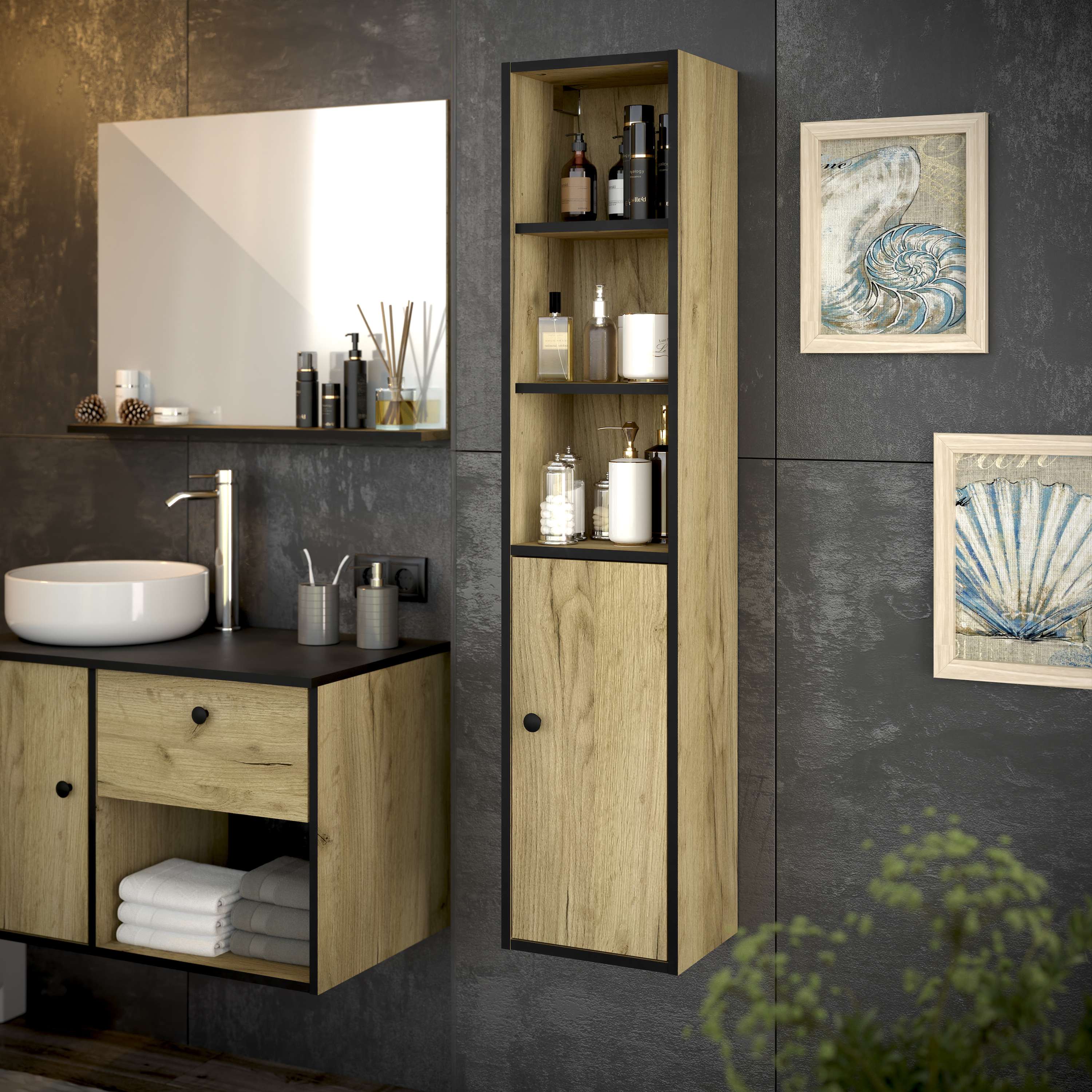 Coluna da casa de banho lara 1 porta 140x30x25 cm preto e carvalho t-bath