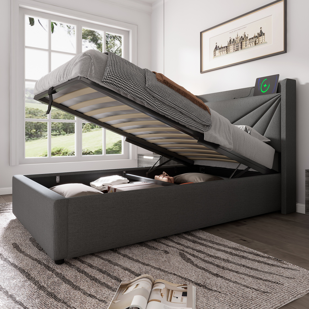 Cama estofada 90x200cm com arrumação porta usb e tipo c linho cinzento