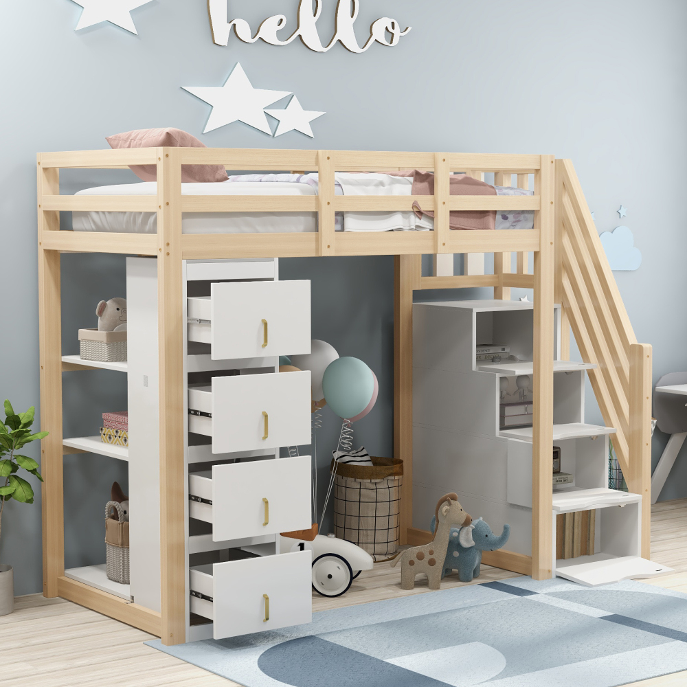 Cama alta 90x200cm com escadas e arrumação madeira natural