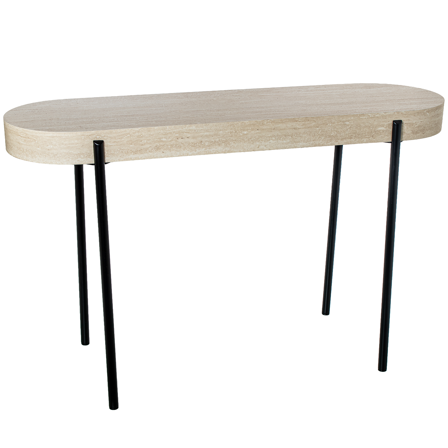 Mesa de entrada em mdf e papel travertino com pés de metal preto.