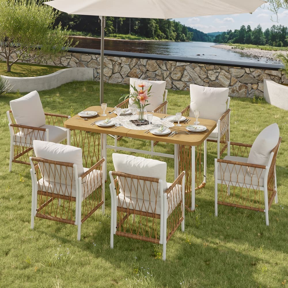 Conjunto de jardim em rattan 1 mesa e 6 cadeiras 159,5cm ferro bege