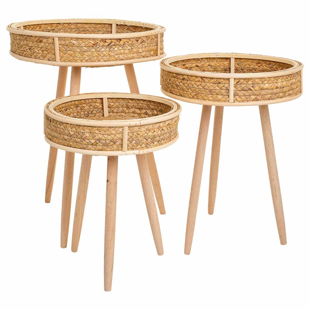 Conjunto de 3 mesas de canto castanhas em bambu e madeira