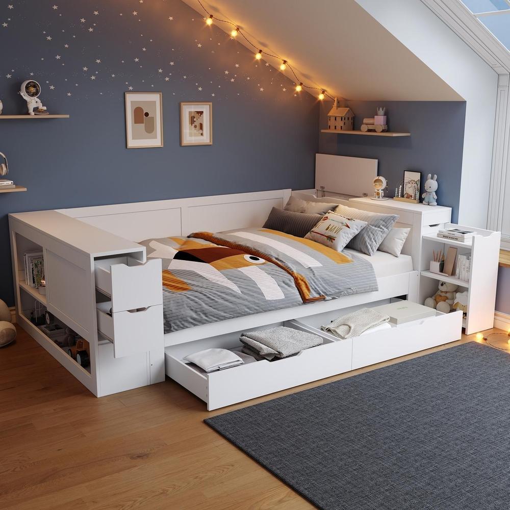 Cama multifuncional com gavetas e prateleiras 140x200cm branco
