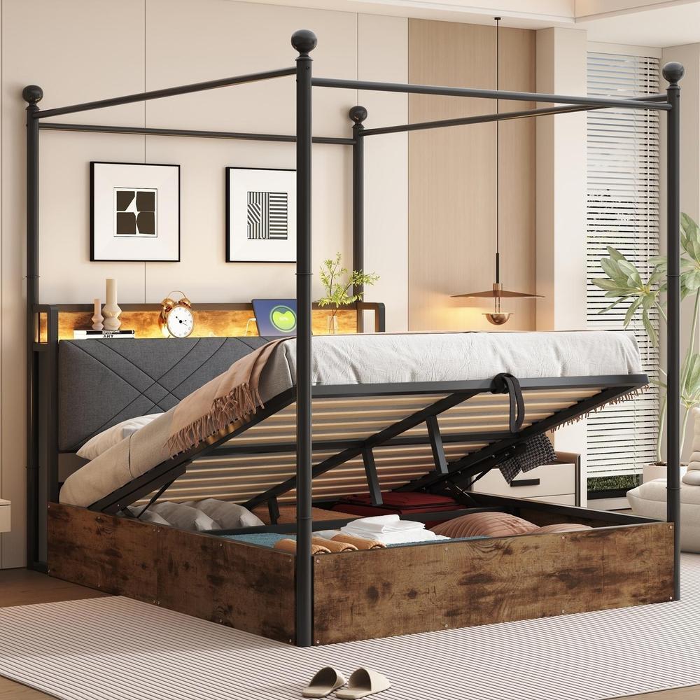 Cama de casal com arrumação hidráulica, LED usb-c, 140x190cm, preta
