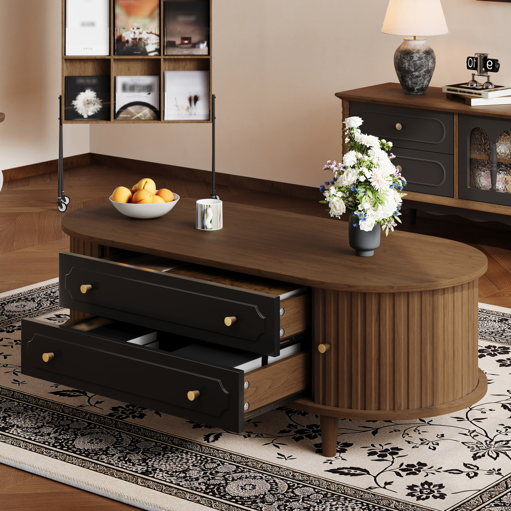 Mesa de centro retro em nogueira com 2 gavetas 36x100x50cm