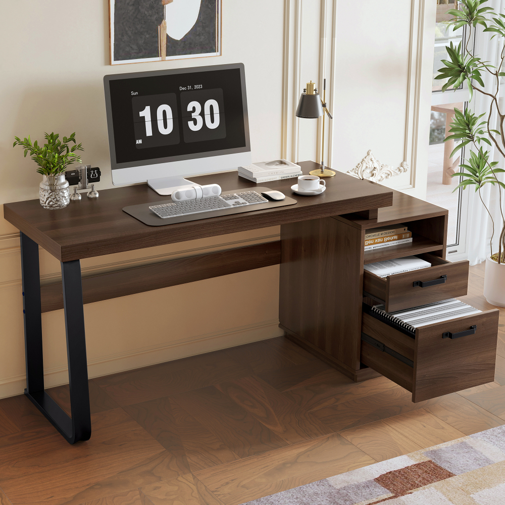 Mesa de escritório com arrumação mdf metal castanho 135x54cm