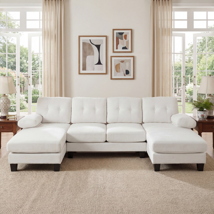 Sofá em u com duas chaise longue em chenille bege 4 a 6 lugares