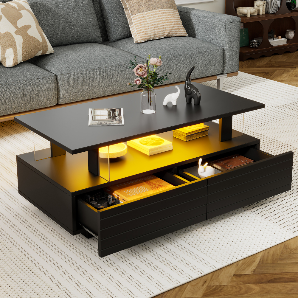 Mesa de centro com luz LED, 2 gavetas e bandeja branca 35,5x90x45cm