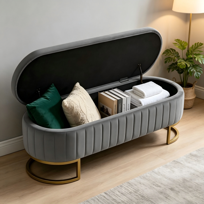 Banco de cama acolchoado com arrumação em veludo cinzento claro 130 cm