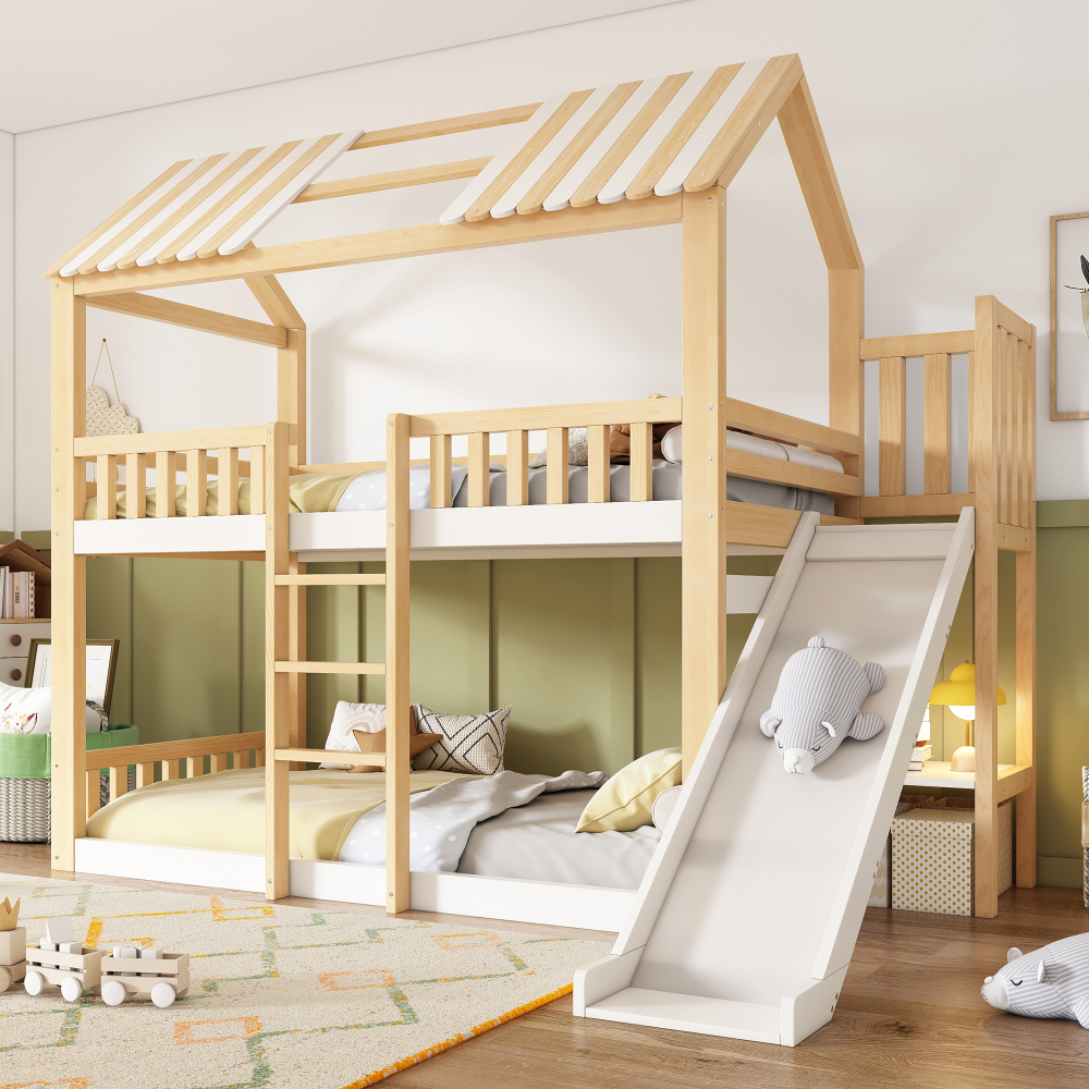 Beliche 90x200cm com telhado e escorrega madeira – branco e natural