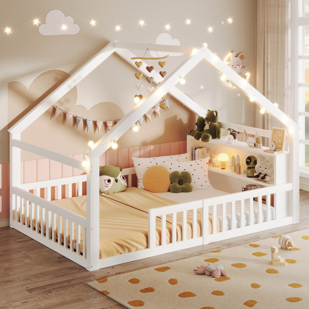 Cama infantil 140x190cm casinha com arrumação madeira de pinheiro – branco