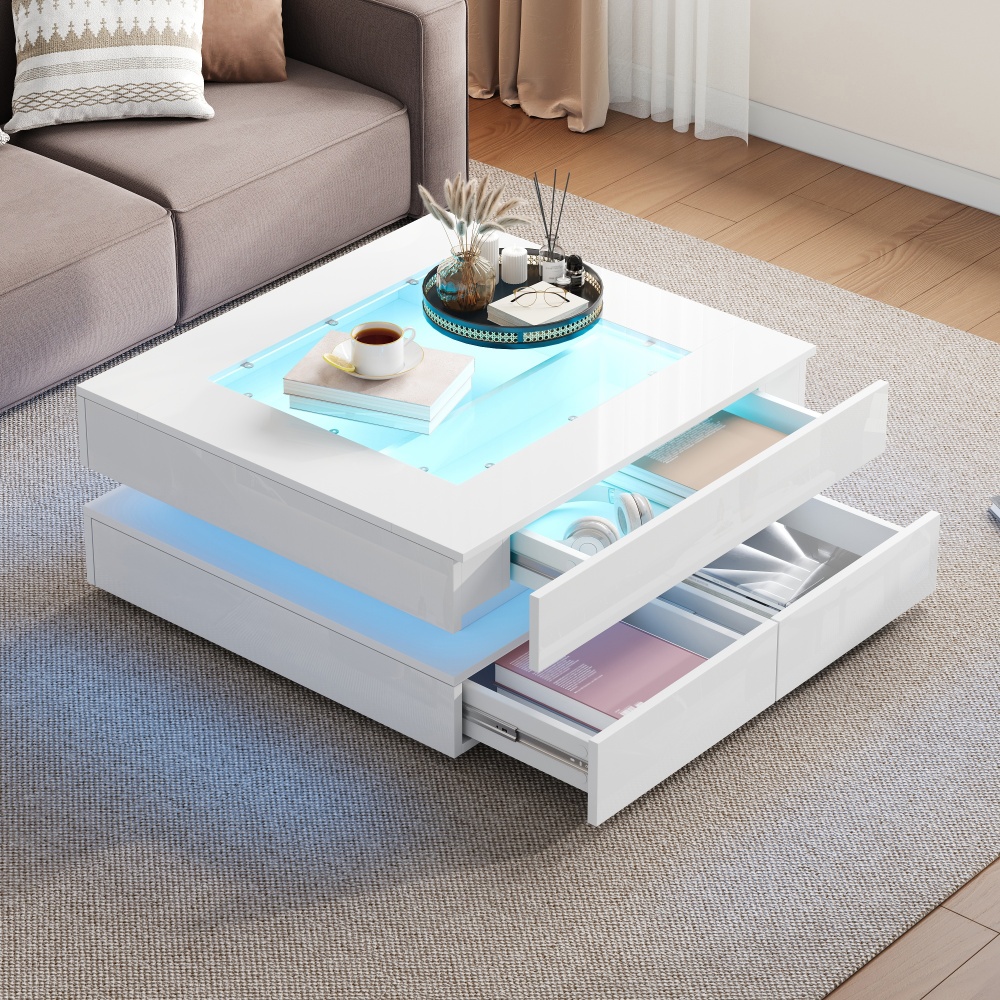 Mesa de centro quadrada com LED branco 35x70x70cm