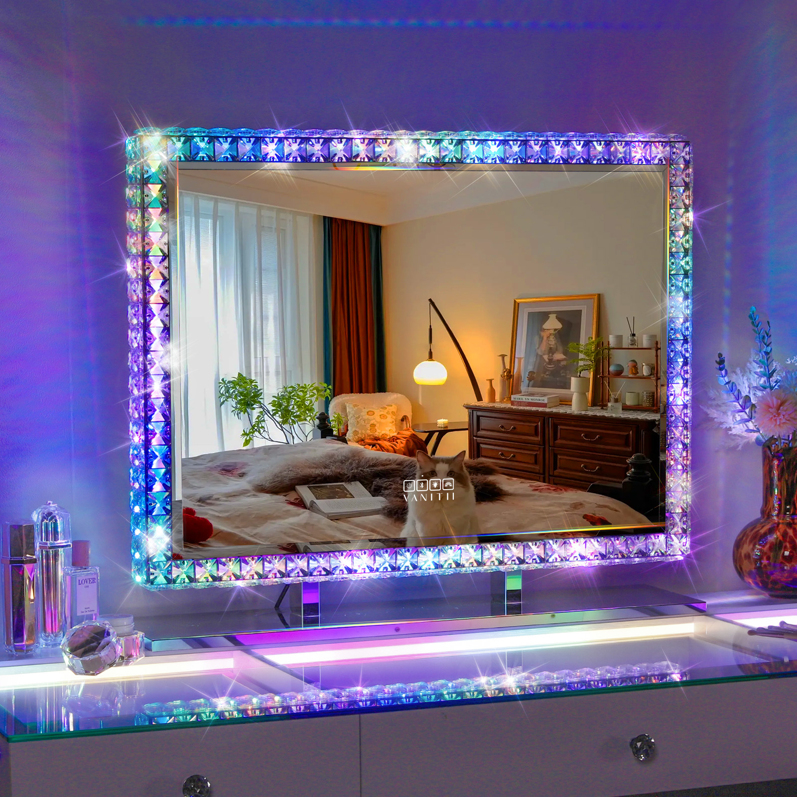 Vanitii espelho de maquiagem com luz rgb penteadeira branco 80 x 60 cm