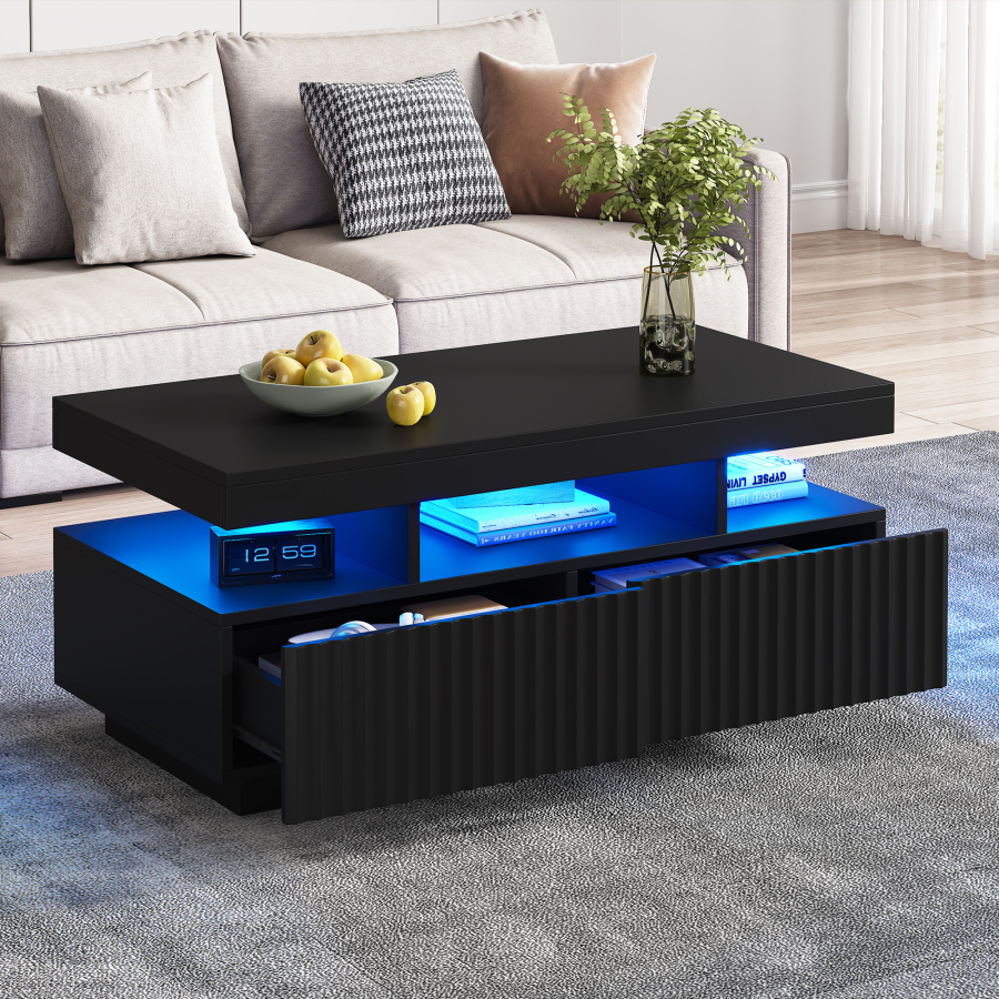 Mesa de centro com LED e 2 gavetas preta 45x100x50cm