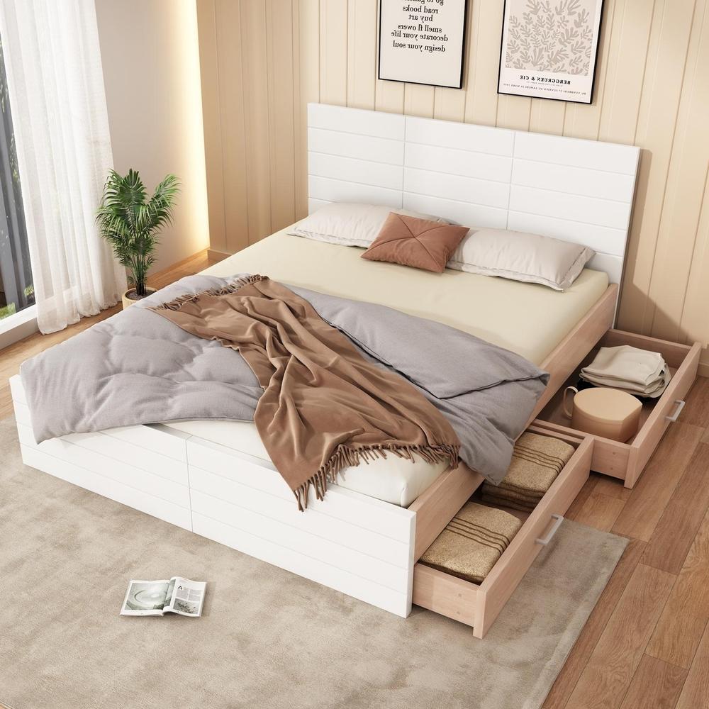 Cama de madeira 140x200cm com 2 gavetas e estrado, carvalho branco