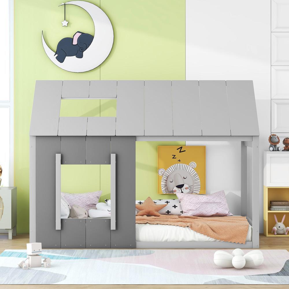 Cama infantil casinha estável com teto e janelas 90x200cm, cinzenta