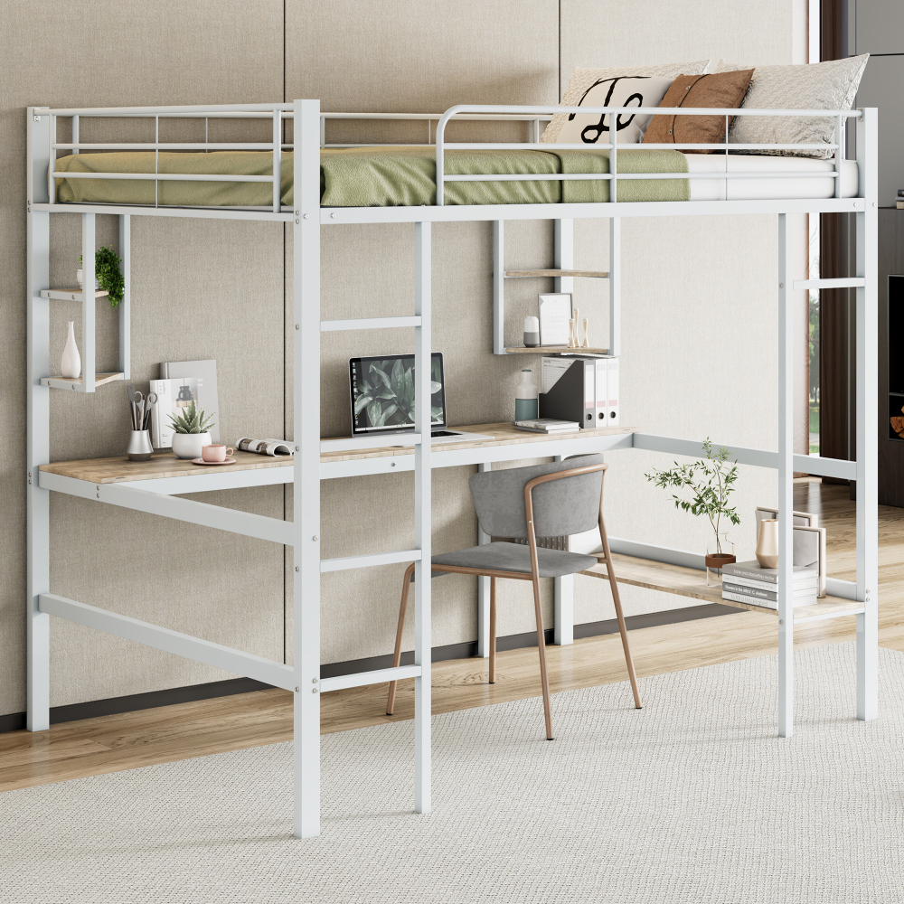 Cama alta 140x200cm com secretária e estantes metal branco