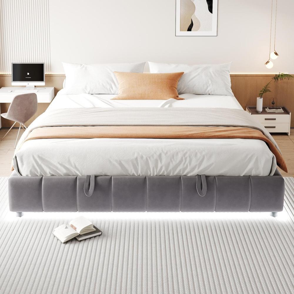 Cama baú hidráulica 180x200 cm sem cabeceira, LED sob a cama, cinzento