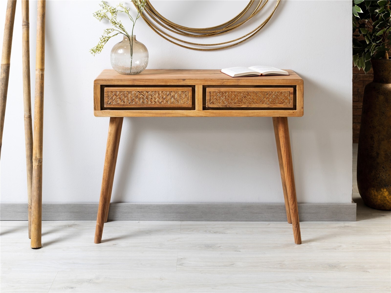 Console nori em acácia/rattan, 90x30x78 cm. 90x30x78 cm