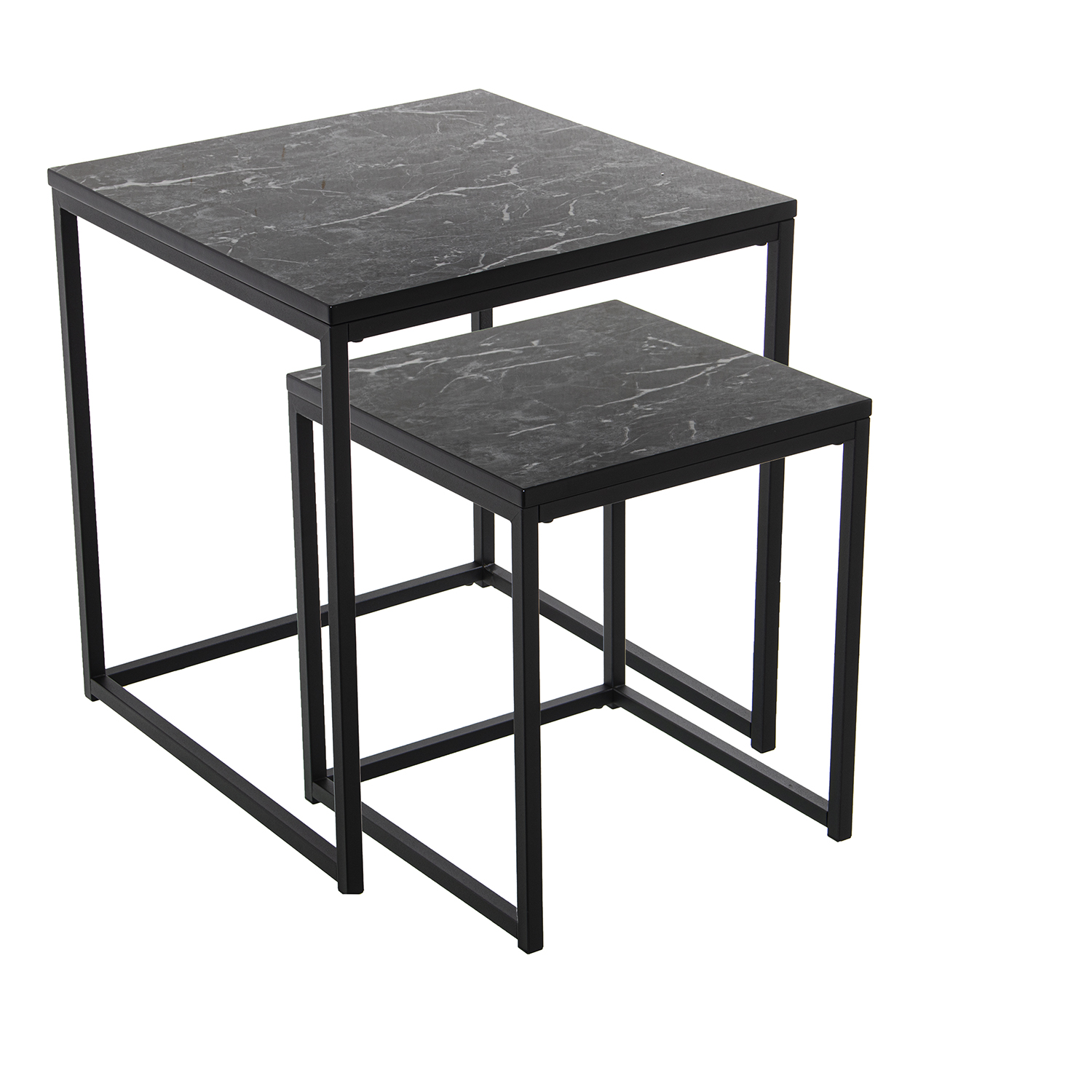 Set 2 mesas auxiliares metal, madera acabado marmol negro