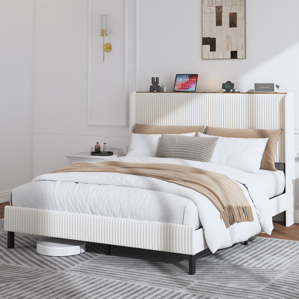Cama estofada 160x200cm em bombazina com cabeceira acolchoada – bege creme