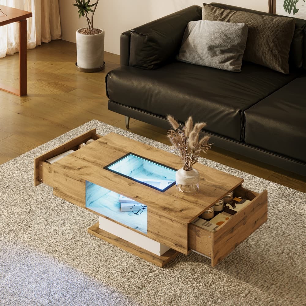 Mesa de centro com 2 gavetas, luz LED e vidro natural 39x110x60cm