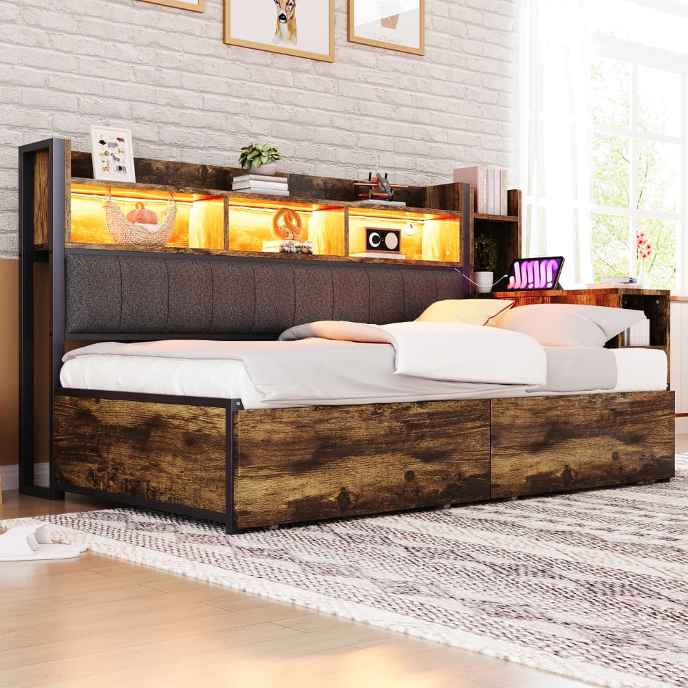Cama individual 90x200cm com arrumação e escrivaninha madeira – natural