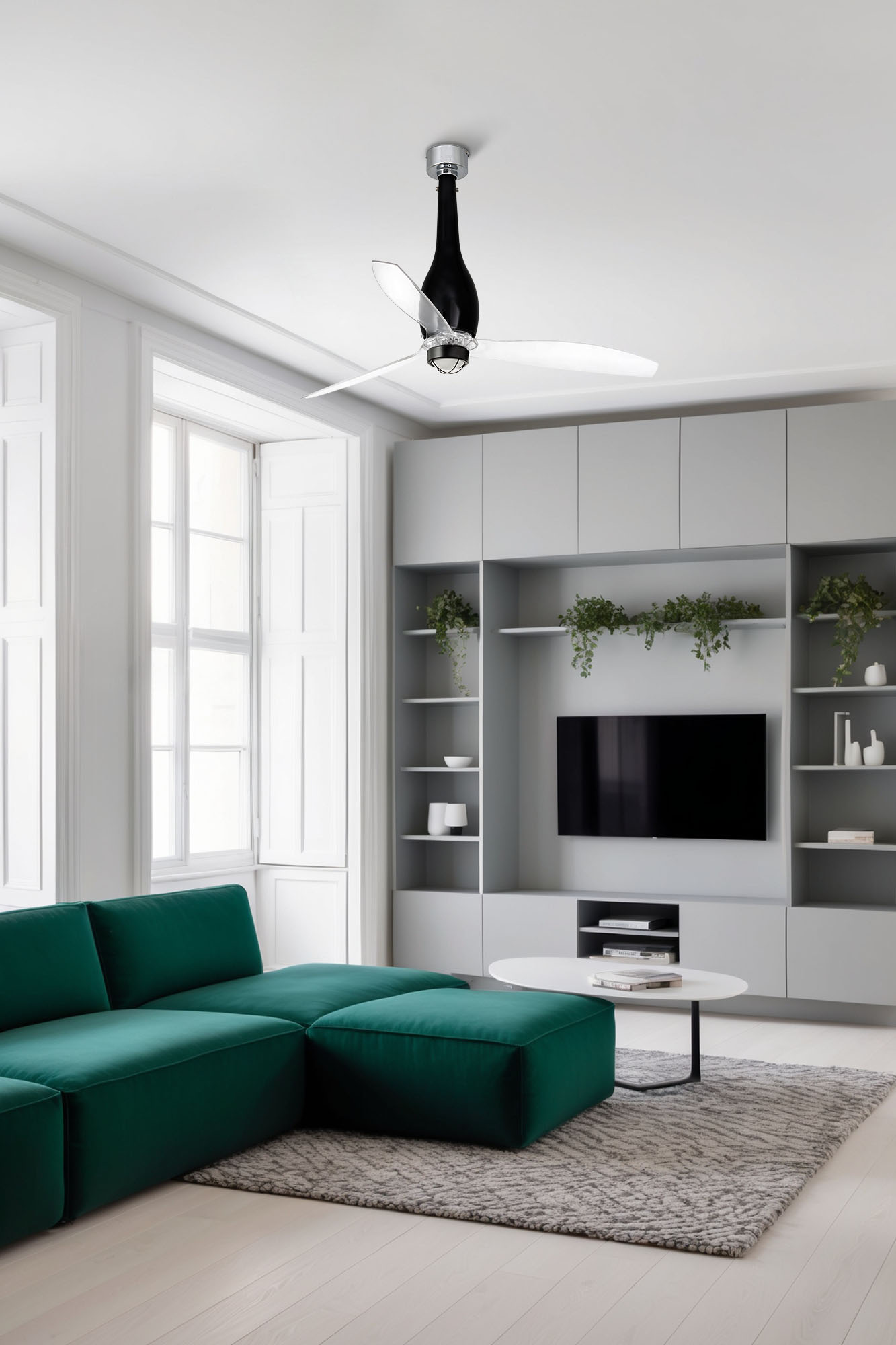 Ventilador de teto 1280 mm em aço e vidro preto lucido com luz integrada