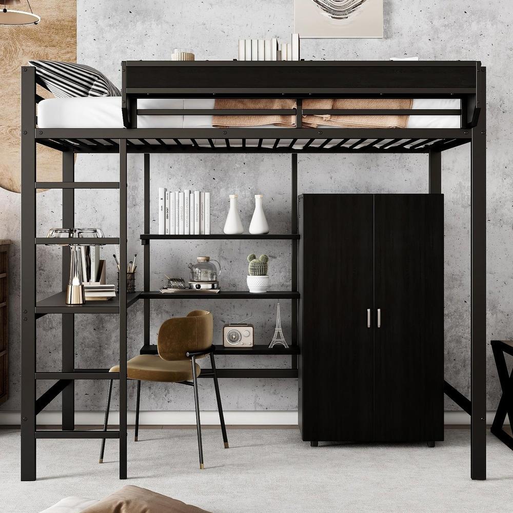 Cama alta infantil com secretária, armário e escada 90x200cm preta