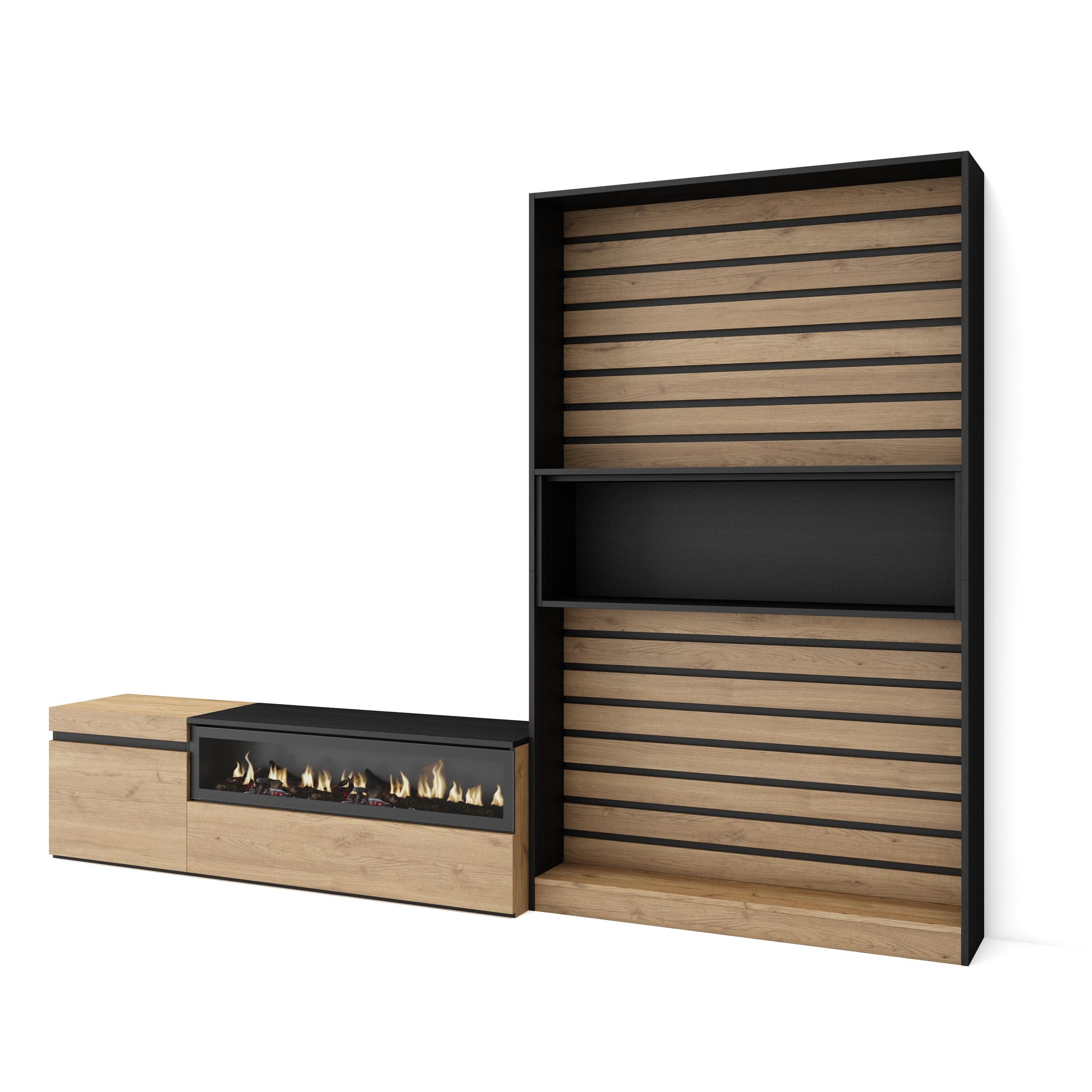 Móveis tv, 260x35x186cm, carvalho e preto, lareira eléctrica rf2539